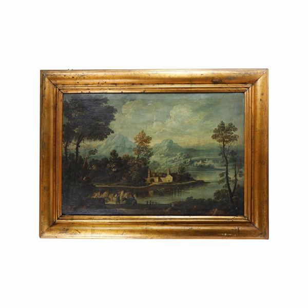 Scorcio di paesaggio con monti, fiume e costruzioni  (Scuola italiana XVIII secolo)  - dipinto ad olio su tela - Asta Smart Auction: Arredi, Dipinti, Sculture e altro a prezzi vantaggiosi - Bertolami Fine Art - Casa d'Aste