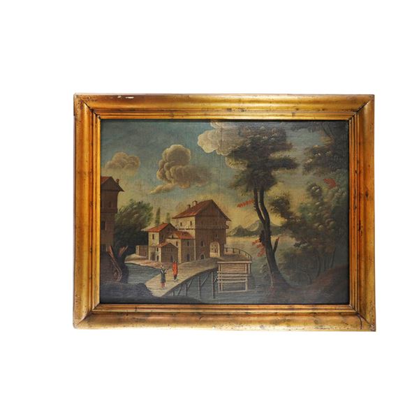 Glimpse of landscape with river and characters and buildings  (Northern European school, 18th century)  - Auction Smart Auction: Furniture, Paintings, Sculptures and more at affordable prices - Bertolami Fine Art - Casa d'Aste