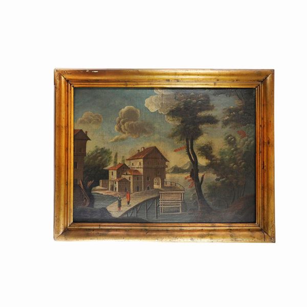 Glimpse of landscape with river and characters and buildings