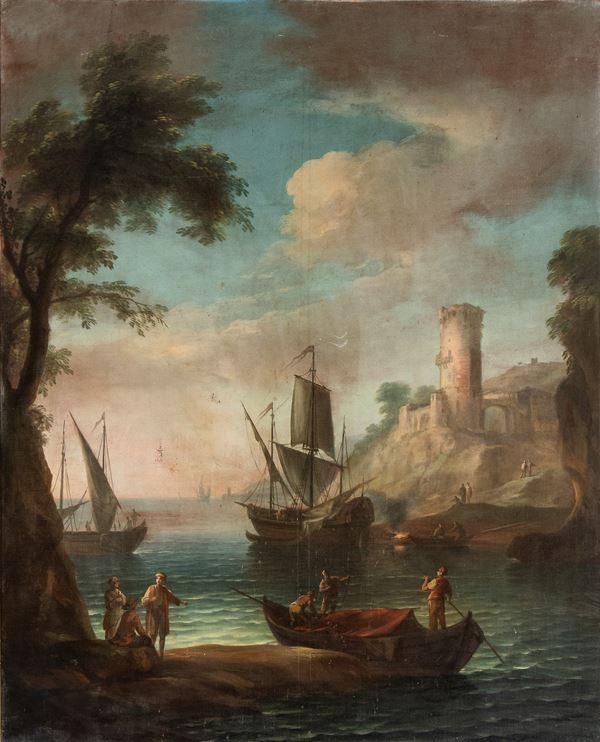Scuola napoletana, XVIII secolo - Coastal landscape with tower and sailing ships