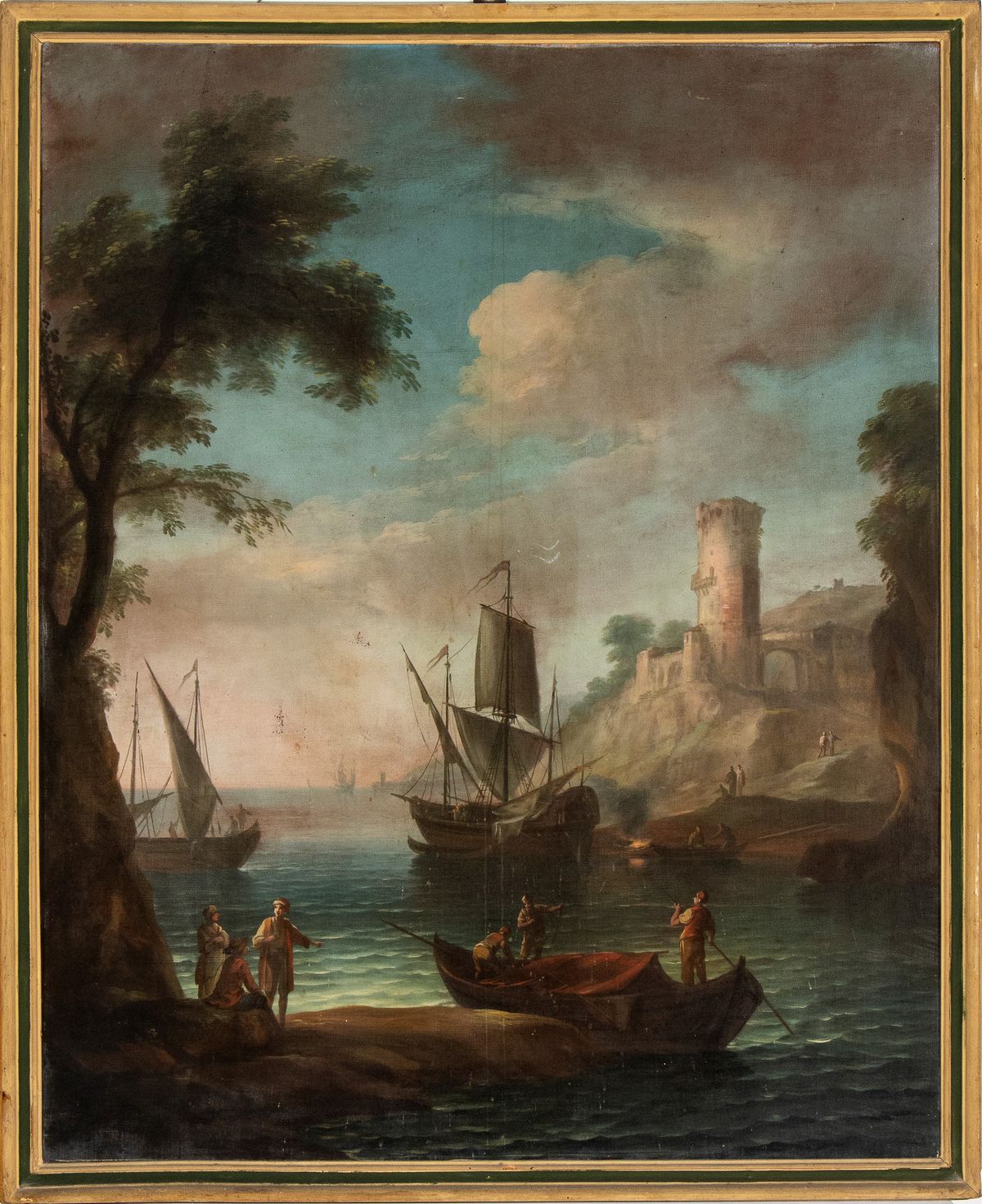Scuola Napoletana, XVIII Secolo - Paesaggio Costiero con Torre e Velieri