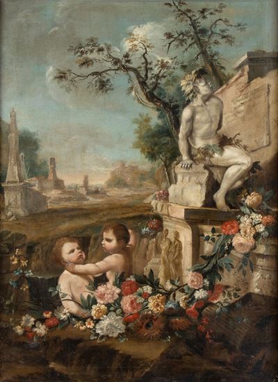 Gioco di Putti in un Paesaggio con Ruderi e Statue