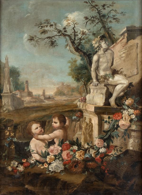 Scuola romana, XVIII secolo - Putti playing in a landscape with ruins and statues