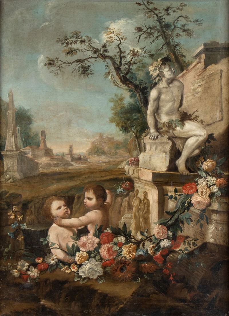 Scuola Romana, XVIII Secolo - Gioco di Putti in un Paesaggio con Ruderi e Statue