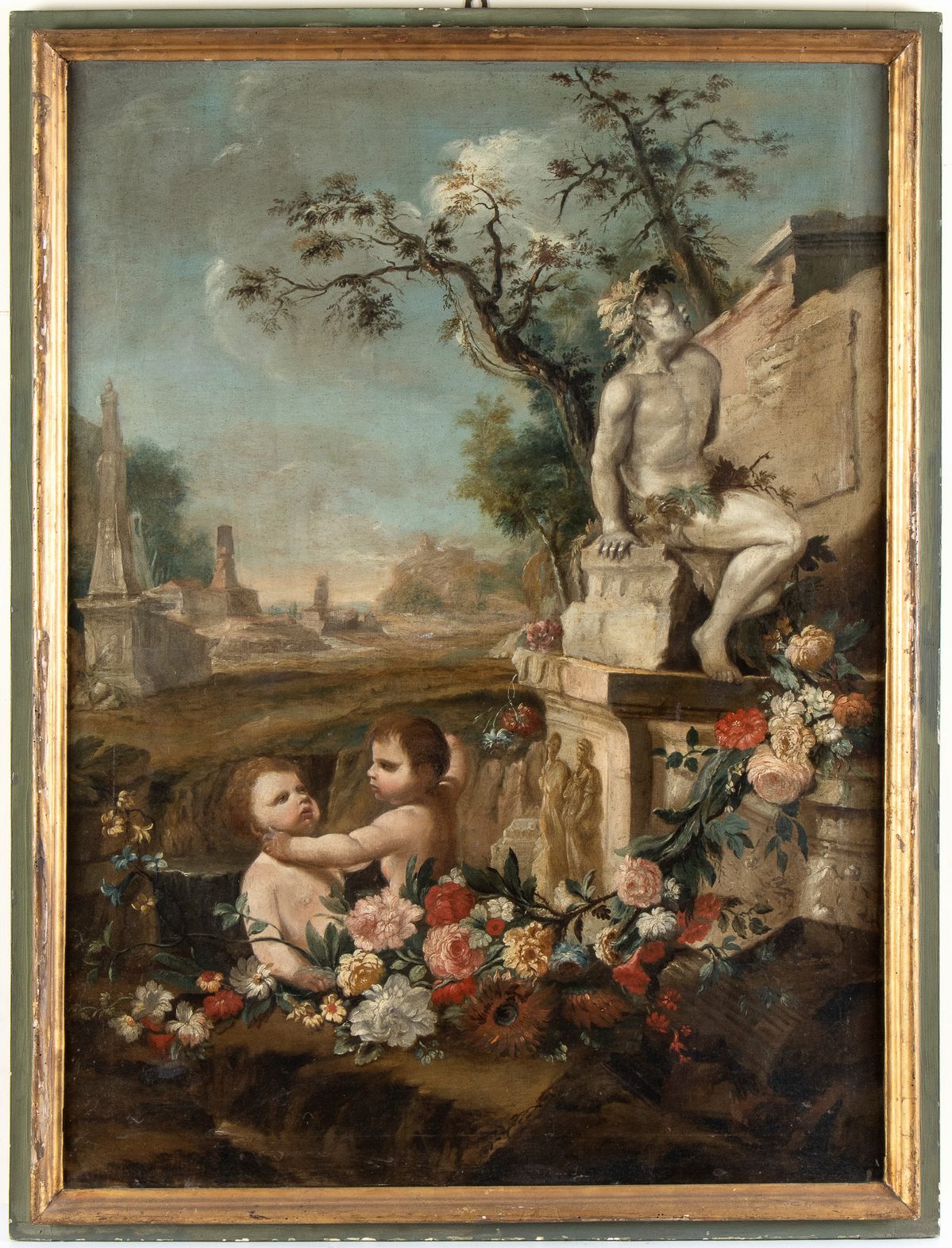 Scuola Romana, XVIII Secolo - Gioco di Putti in un Paesaggio con Ruderi e Statue