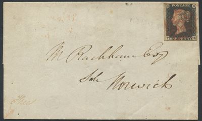 Gran Bretagna, Penny Black 1 pence nero (1840) su busta isolata, con certificato Bolaffi