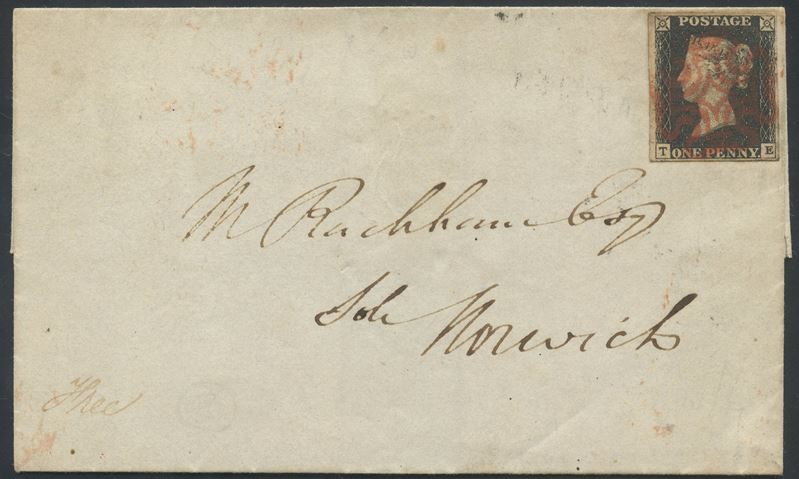 Gran Bretagna, Penny Black 1 pence nero (1840) su busta isolata, con certificato Bolaffi