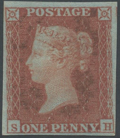 Francobollo Regno d’Italia, 1 penny bruno rosso su carta azzurrata (1841 circa)
