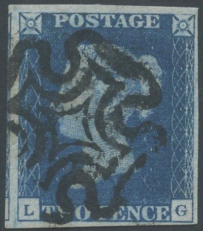 Regina Vittoria, 2 pence azzurro (n. 2), francobollo usato, certificato Bolaffi, 1840