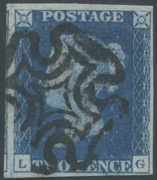 Regina Vittoria, 2 pence azzurro (n. 2), francobollo usato, certificato Bolaffi, 1840
