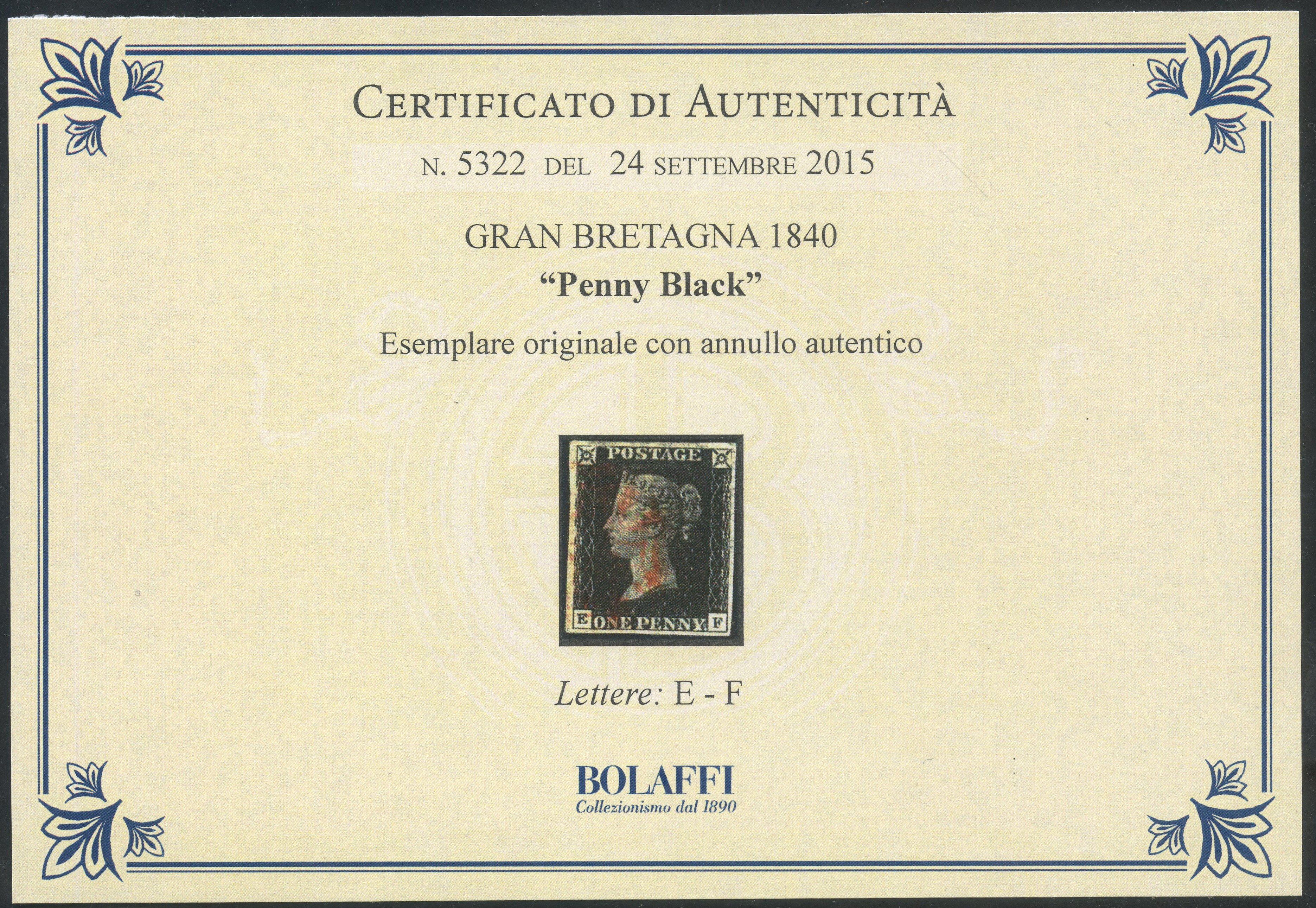 Penny Black, 1 penny nero (Victoria) – francobollo usato, attestato Bolaffi