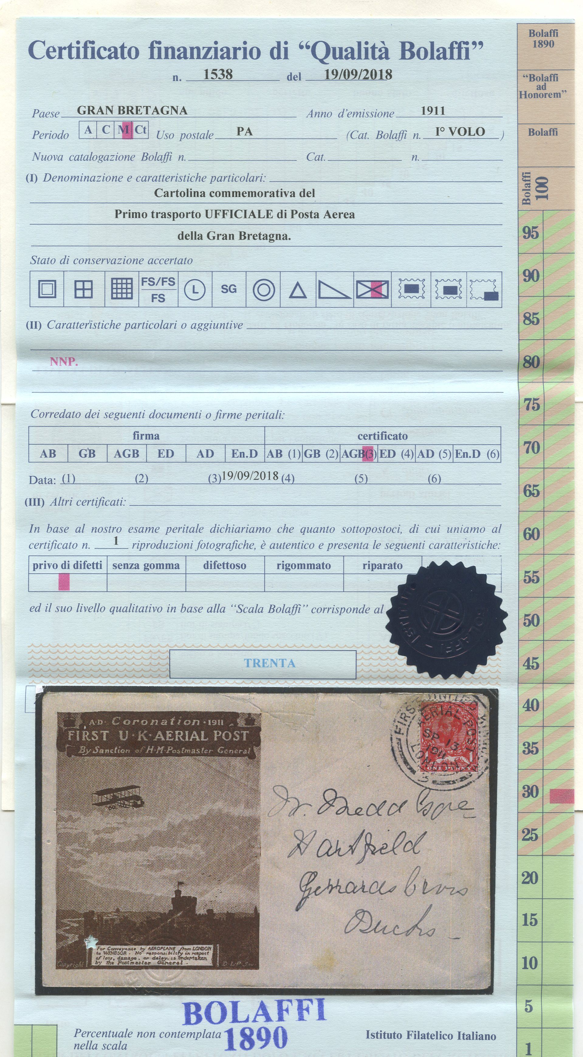 Gran Bretagna, First U.K Aerial Post (1911) — Certificato Bolaffi