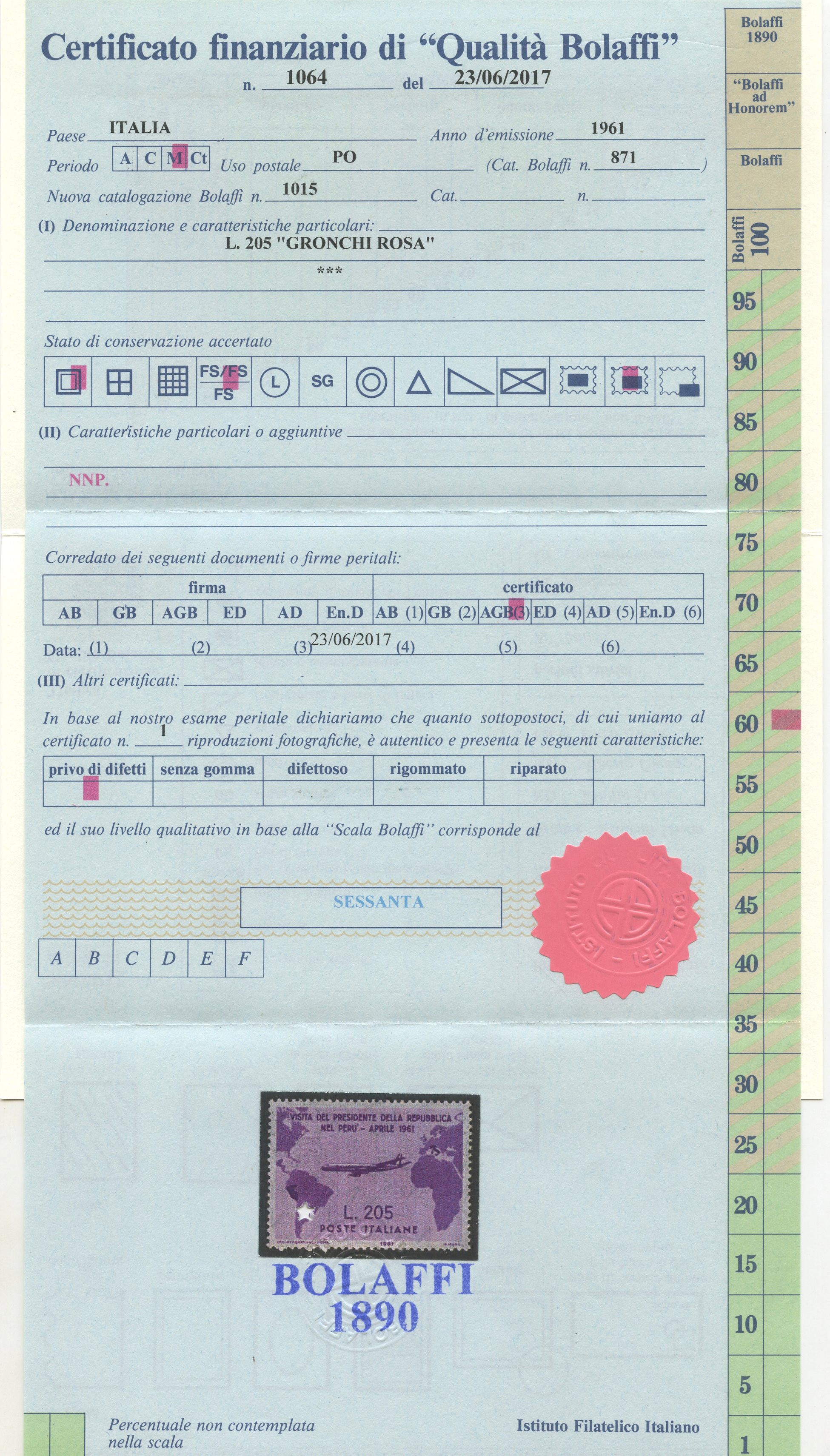 Gronchi Rosa, Repubblica (1961) n. 921 con gomma integra e certificato Bolaffi