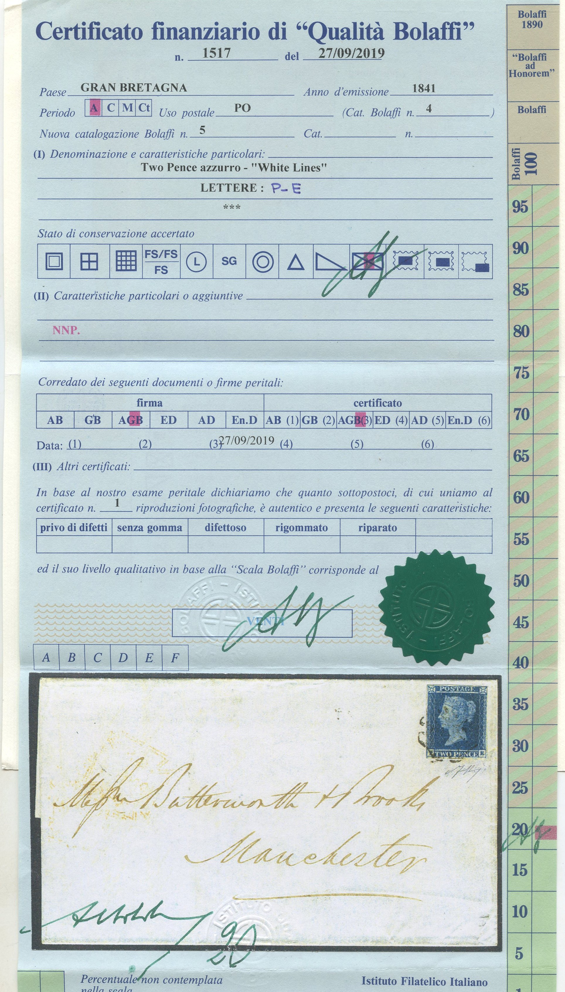 Gran Bretagna, francobollo 2 pence “White Line”, n. 4, 1841