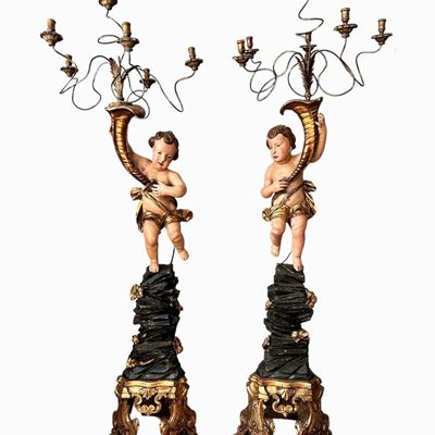 Coppia di Putti Luigi XVI in Legno Dorato - Sicilia, XVIII Secolo