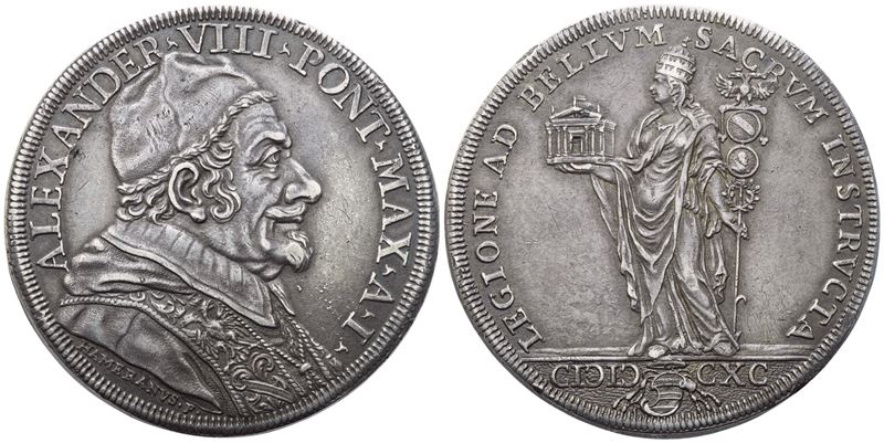 Alessandro VIII, Stato Pontificio. Roma, Piastra 1690 (Anno I) – Lega Ag