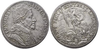 Innocenzo XII, Piastra pontificia 1693 (Anno II) con San Michele Arcangelo, 32,04 g
