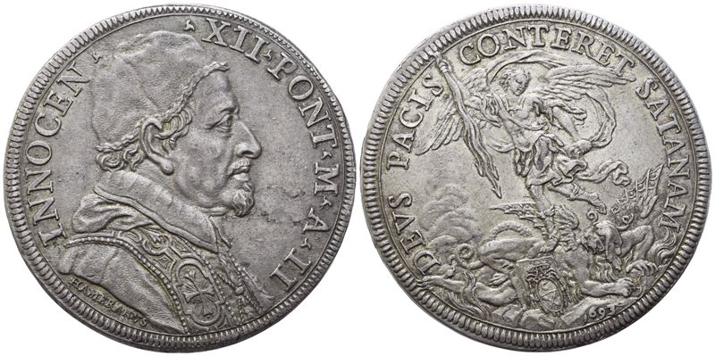 Innocenzo XII, Piastra pontificia 1693 (Anno II) con San Michele Arcangelo, 32,04 g