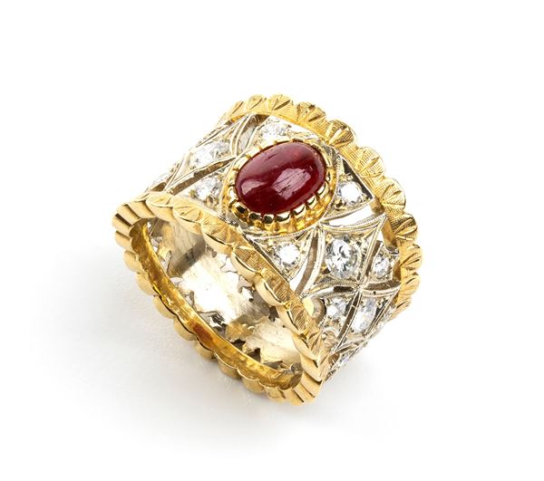 Ruby diamond gold band ring 