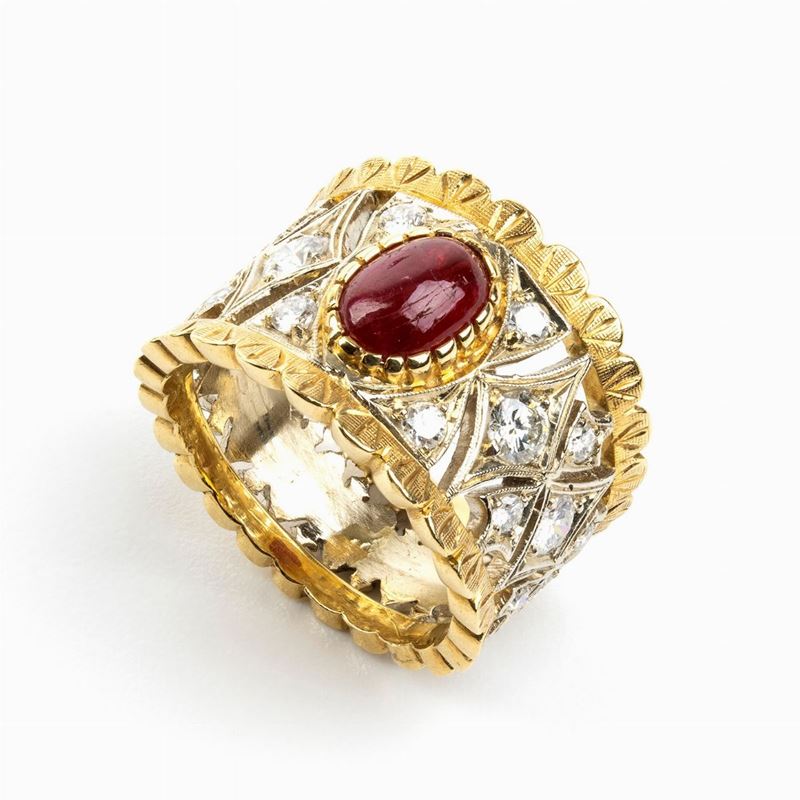 Anello a Fascia in Oro con Rubino e Diamanti