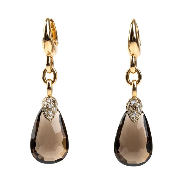 POMELLATO: fume quartz diamond gold pendant earrings 