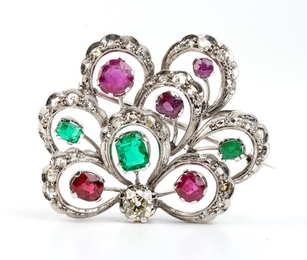 Ruby emerald diamonds gold floral brooch