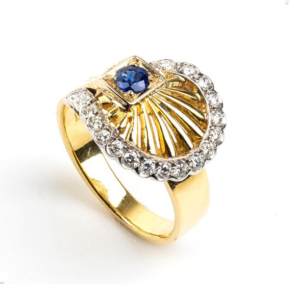 Diamond sapphire shell shape gold ring