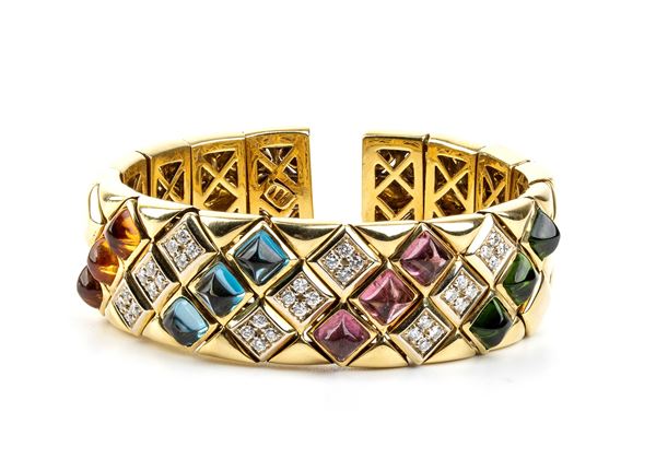 Diamond colored stones gold band bracelet 