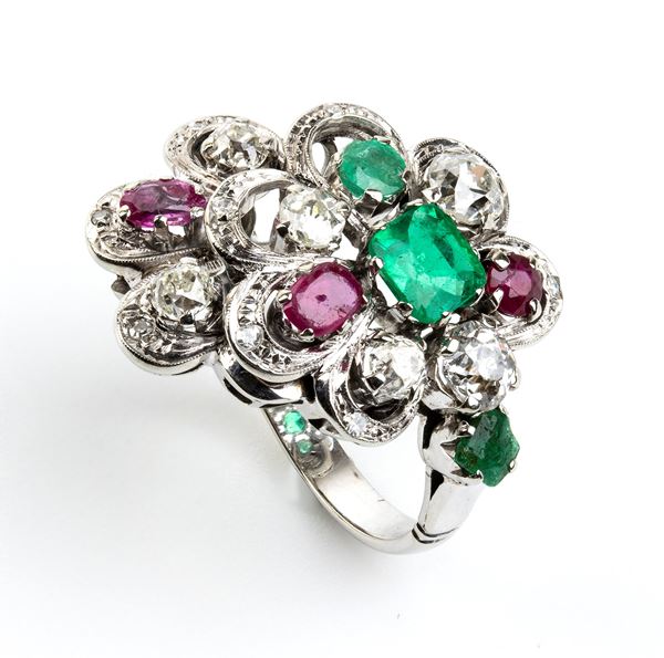 Ruby emerald diamonds gold floral ring 