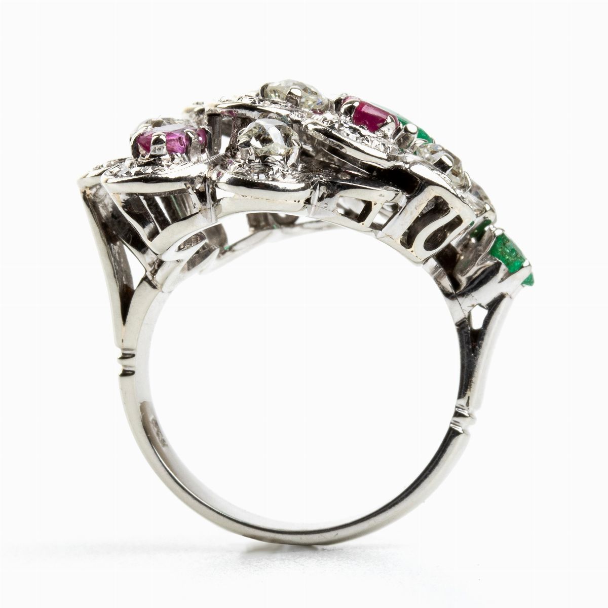 Anello Floreale in Oro con Rubini, Smeraldi e Diamanti