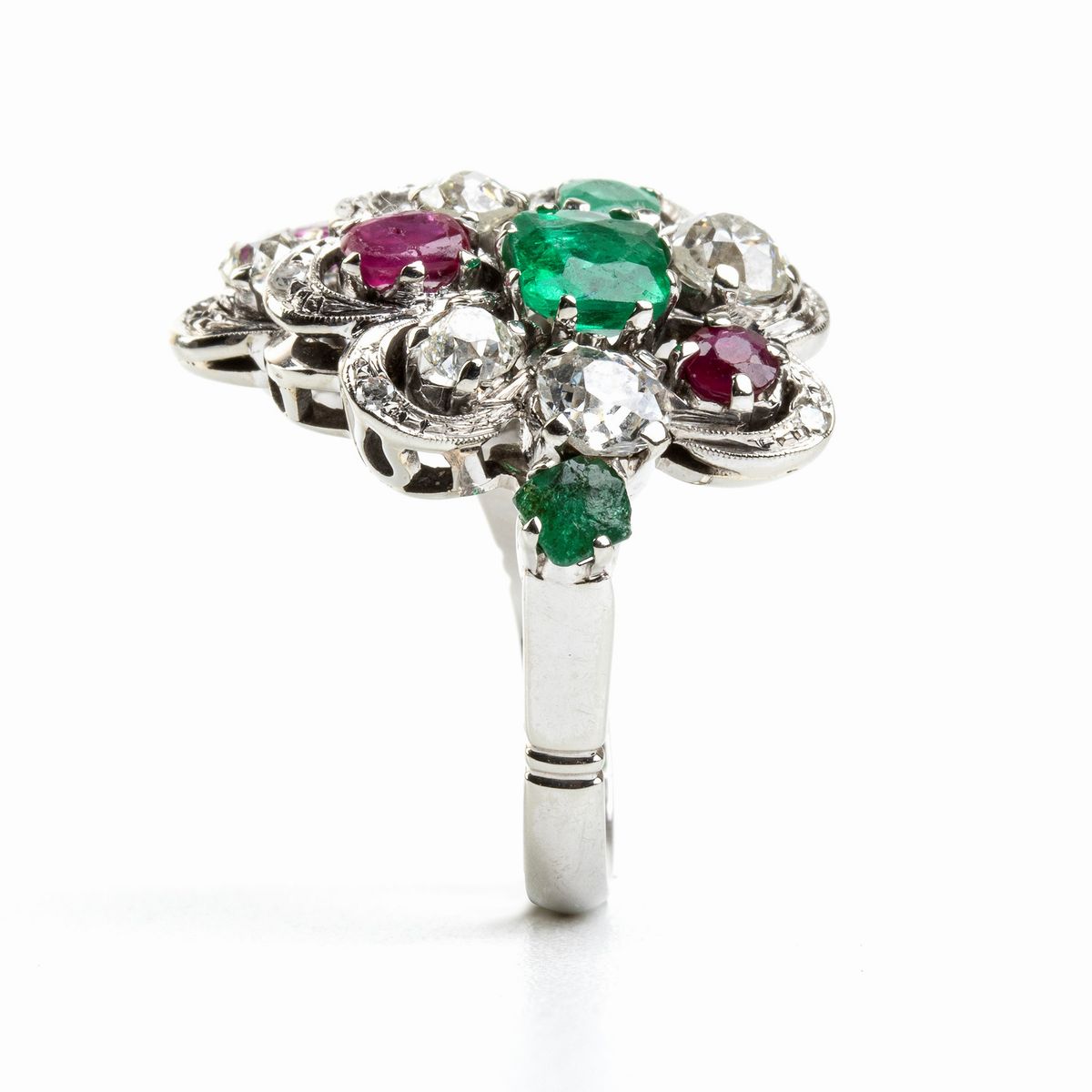 Anello Floreale in Oro con Rubini, Smeraldi e Diamanti
