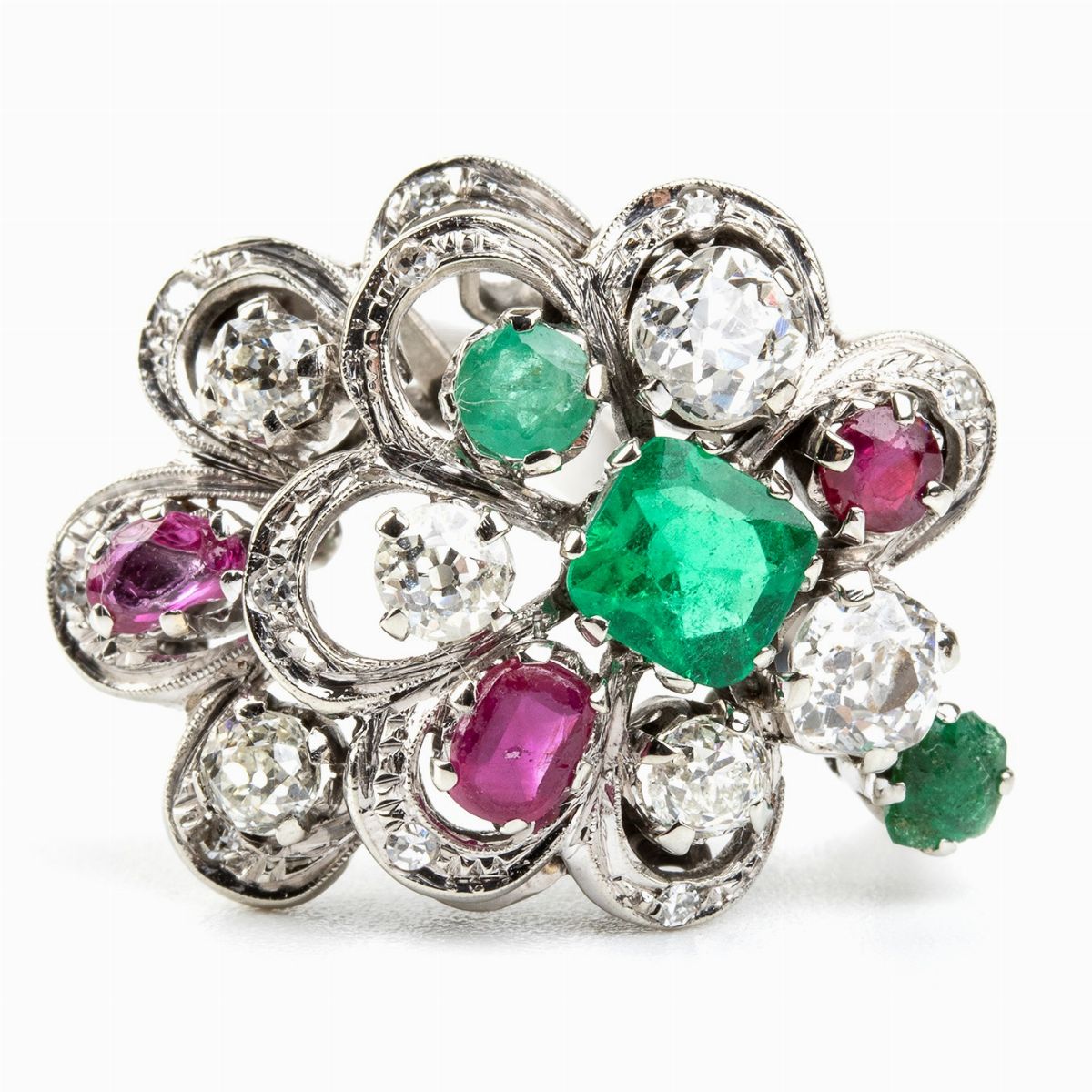 Anello Floreale in Oro con Rubini, Smeraldi e Diamanti