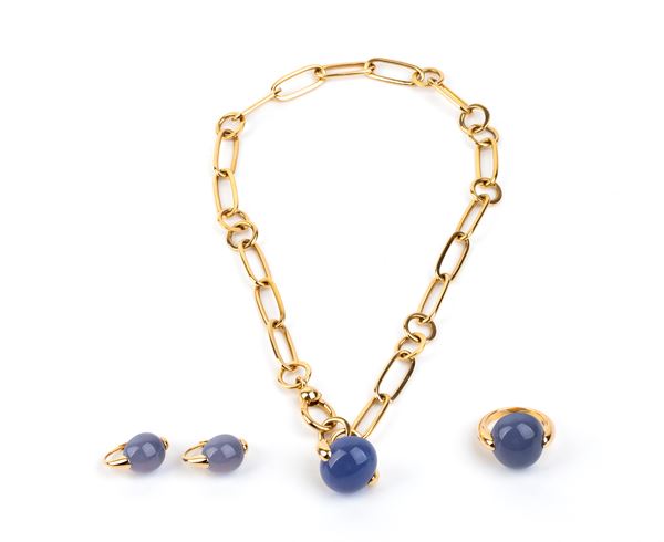 POMELLATO, Luna collection: necklace bracelet and a pair of earrings in gold and chalcedony