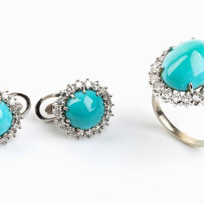 Demi Parure Composta da un Anello ed un Paio di Orecchini in Oro Turchese e Diamanti