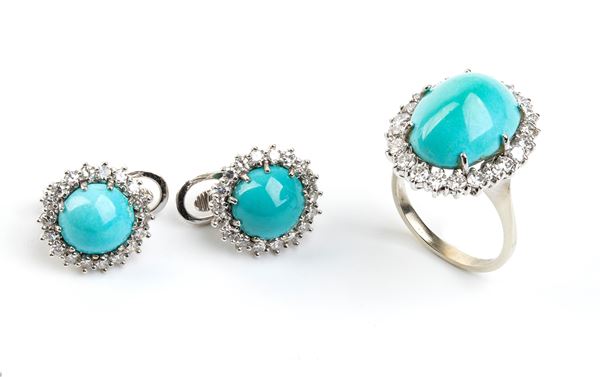 Turquoise gold and diamonds Demi parure comprising a ring and a pair of earrings