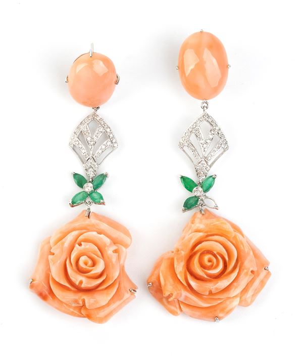 Pair of gold pendant earrings with pink coral cabochons and flowers diamonds and emeralds