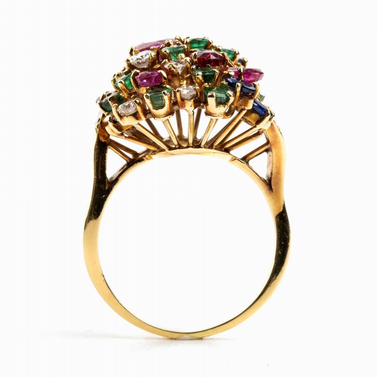 Anello in Oro Giallo, Rubini, Smeraldi e Diamanti