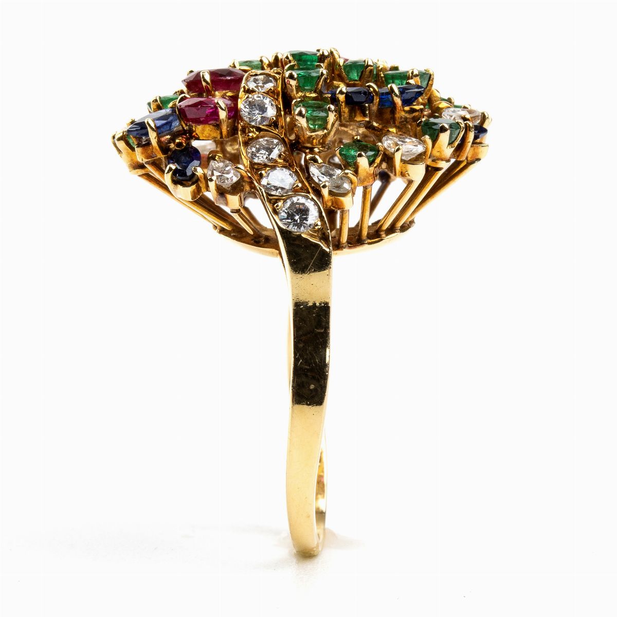 Anello in Oro Giallo, Rubini, Smeraldi e Diamanti