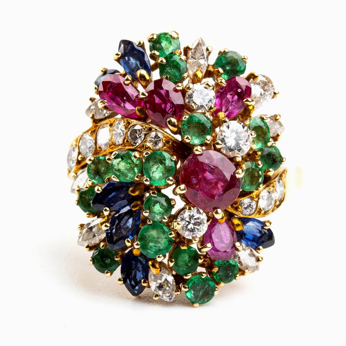 Anello in Oro Giallo, Rubini, Smeraldi e Diamanti