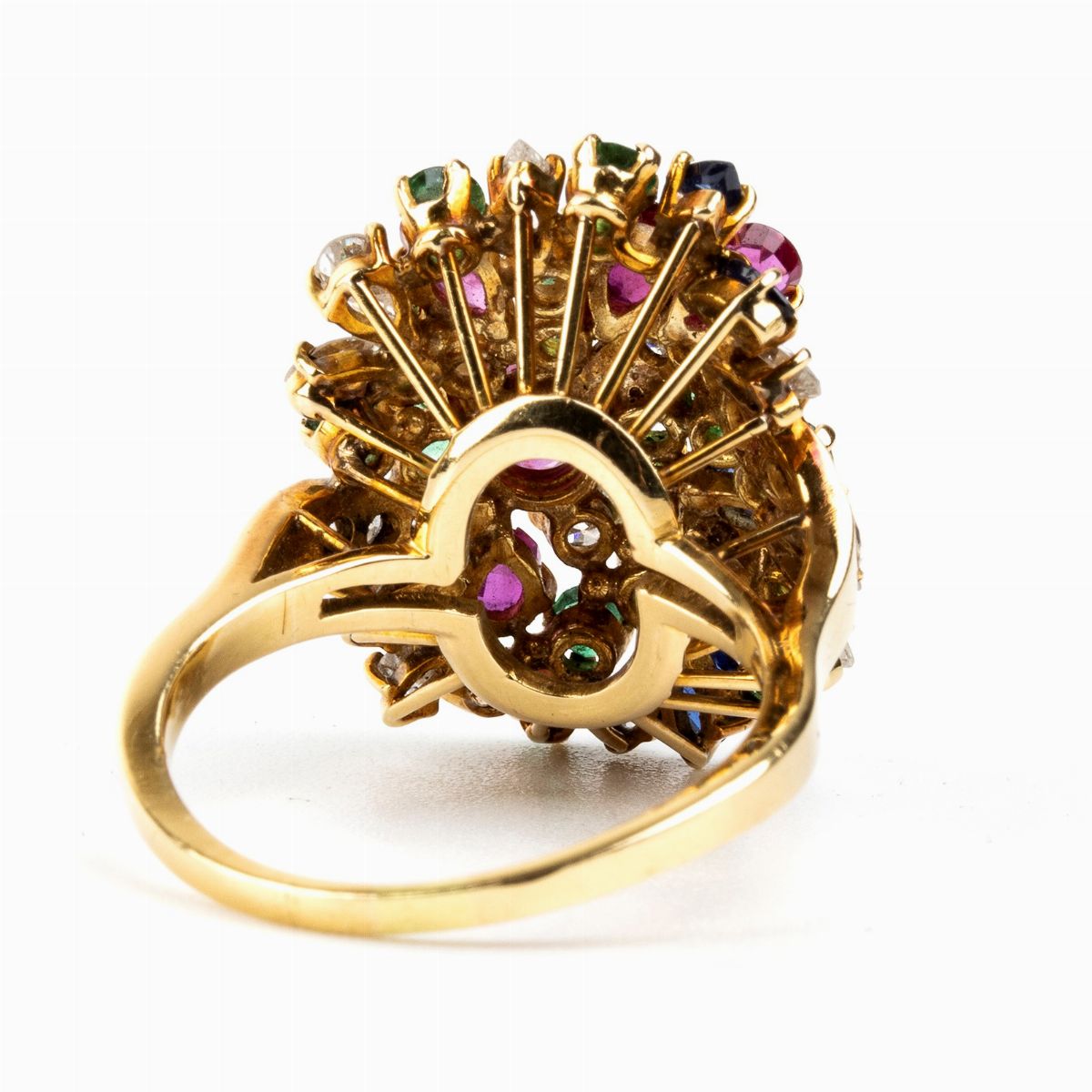 Anello in Oro Giallo, Rubini, Smeraldi e Diamanti