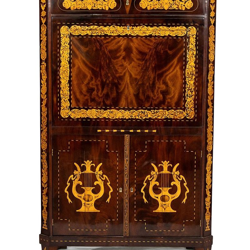 Secretaire Carlo X in Mogano Intarsiato - Olanda, XIX Secolo