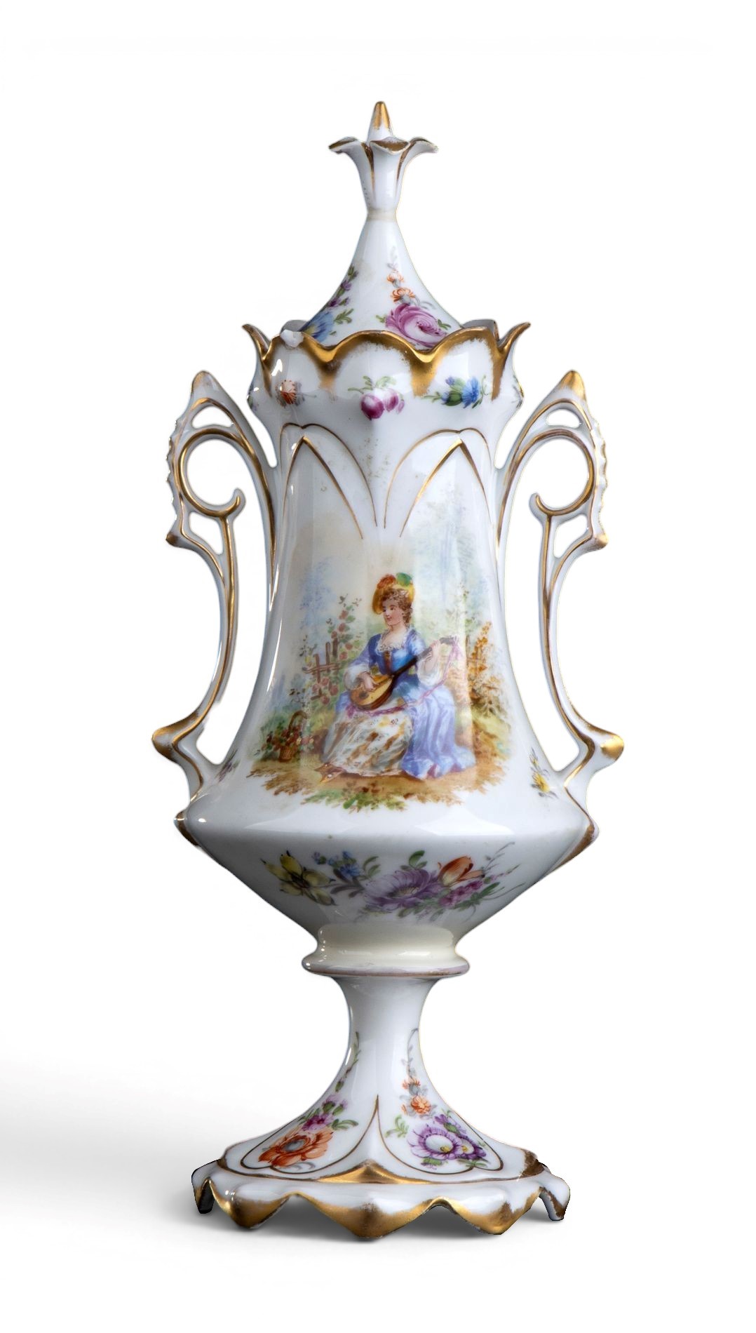 Vaso biansato con coperchio, porcellana di Dresda policroma