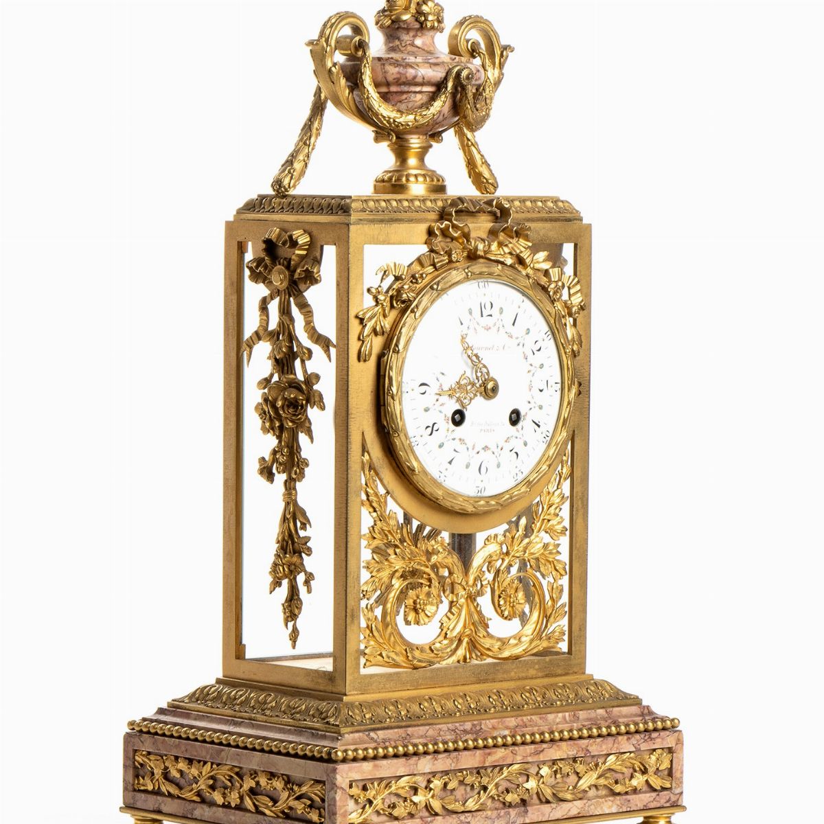 H. Journet & Cie - Trittico francese, orologio e coppia di candelabri in bronzo dorato e marmo, P...