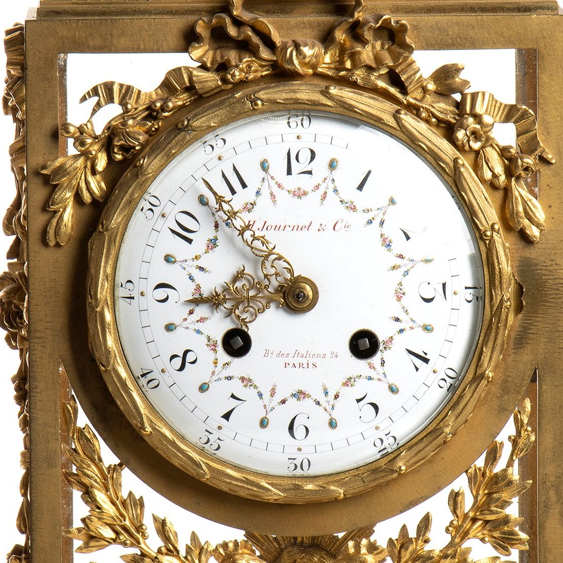 H. Journet & Cie - Trittico francese, orologio e coppia di candelabri in bronzo dorato e marmo, P...