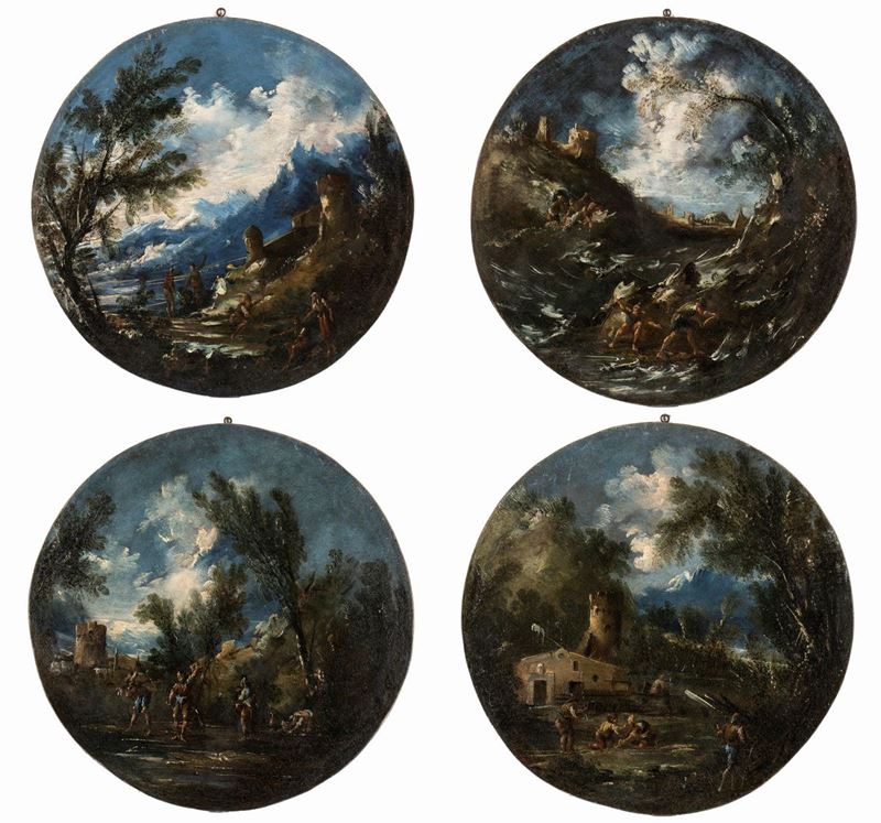 Antonio Francesco Peruzzini - Serie di Quattro Tondi Raffiguranti Paesaggi Fluviali con Figure ed...