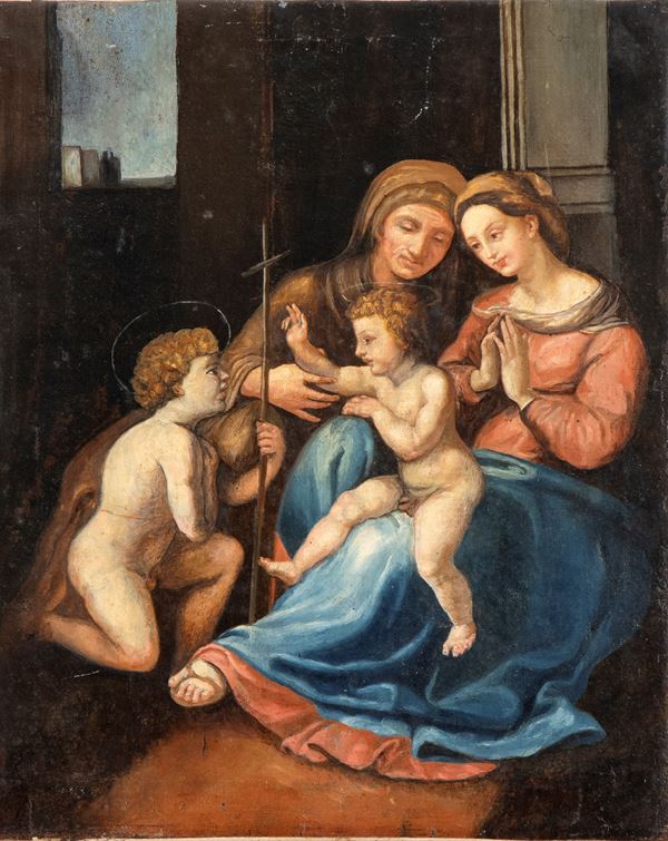 Anonimo seguace di Raffaello, XVIII - XIX secolo - The Holy Family with Saint Anne and the Infant John the Baptist
