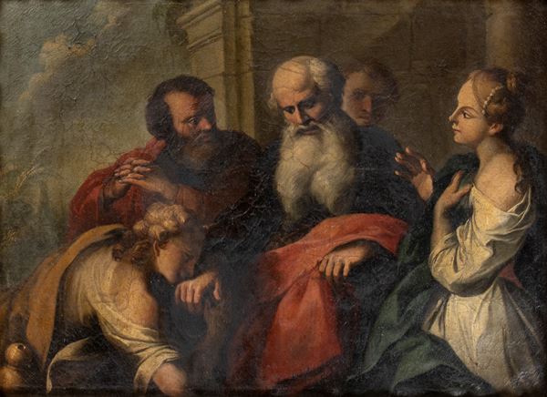 Artista emiliano, XVII secolo - Scena biblica con due donne