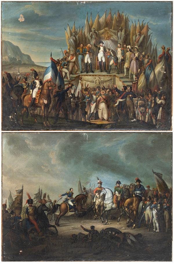 Artista francese, XIX secolo - a) Napoleon distributing the first insignia of the Imperial Legion of Honor at the Boulogne camps, on August 16th, 1804; b) Joachim Murat and Napoleon in the Battle of Austerlitz. Pair of paintings