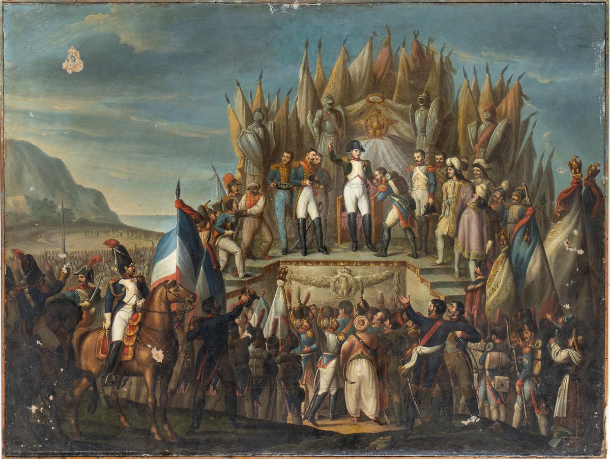 Artista Francese, XIX Secolo - A) Napoleone Distribuisce le Prime Insegne della Legion D'onore Im...
