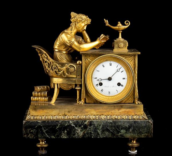 Bronze mantel clock "The Reader"  - France, 19th century, signed SCHÜLLER A PARIS